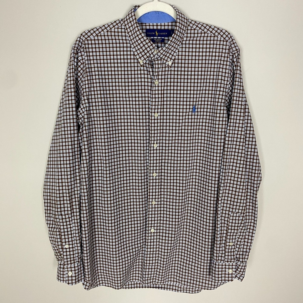 Ralph Lauren Button Down Dress Shirt Mens Large Brown Blue Plaid Check Business